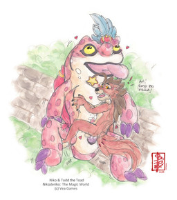 anal animal_genitalia animal_penis anthro anthro_on_feral backsack balls bestiality big_top_small_bottom bodily_fluids cloaca cowgirl_position cum deep_penetration dominant duo eye_roll feral feral_on_top from_front_position genital_fluids genitals hair headdress humping larger_dom larger_on_bottom lying male male/male mount on_bottom on_top penetration penis precum saddle sex simple_background size_difference size_play smaller_on_top tapering_penis text tongue tongue_out fennec_(artist) nikoderiko niko_(nikoderiko) todd_the_toad_(nikoderiko) amphibian frog herpestid mammal mongoose toad_(frog) hi_res painting_(artwork) traditional_media_(artwork) watercolor_(artwork)