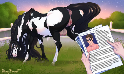 animal_genitalia animal_vulva anus before_and_after equine_anus equine_genitalia equine_vulva female female_feral fence feral gender_transformation genitals grazing hooves human_to_feral implied_gender_transformation implied_transformation male mane mtf_transformation nipples outside photo plant puffy_anus solo species_transformation teats text transformation tree udders vulva marleybraun equid equine horse human mammal english_text hi_res