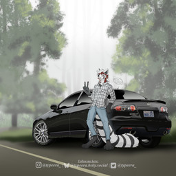 anthro blurred_background car clothing eyes_closed flannel_shirt gesture hand_gesture leaning_on_object license_plate male markings mazda_mazdaspeed_6 pattern_clothing paws plaid plaid_clothing plant ring_(marking) ringed_tail solo striped_markings striped_tail stripes tail tail_markings tree v_sign vehicle typeera mazda ailurid mammal red_panda hi_res