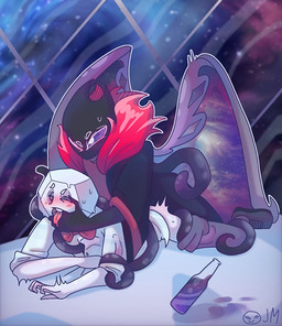 alcohol anal beverage clothed clothing duo male male/male simple_background tentacles wine wings deadfr0go dtv_animation dee_(dtv_animation) humanoid absurd_res hi_res