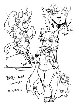 cape cjk_character clothing doll female fur hair one-piece_swimsuit open_mouth ponytail question_mark short_hair stated_age swimwear tongue tongue_out young ranaecho cyberconnect2 fuga:_melodies_of_steel little_tail_bronx bluette sheena_falafel felid feline felineko felis mammal 2025 black_and_white dated digital_drawing_(artwork) digital_media_(artwork) line_art monochrome signature