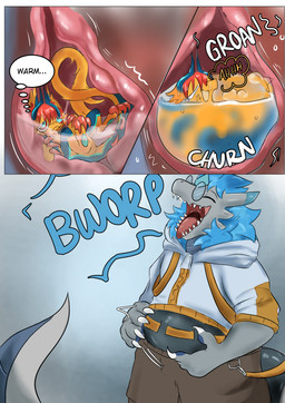 abdominal_bulge andromorph anthro blue_eyes blue_hair burping death digestion digestive_fluids duo feral hair imminent_death internal intersex male male/male organs stomach tail text vore willing_prey altowovurr domi mythology koiju dragon mythological_creature mythological_scalie scalie absurd_res comic english_text hi_res