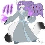 2_tails 5_fingers anthro black_nose breasts claws clenched_teeth clothed clothing female finger_claws fingers fur glowing glowing_eyes hair humanoid_hands knife multi_tail psychic_powers purple_eyes purple_hair robe solo standing tail teeth telekinesis white_body white_fur phuufy the_servant_omen isiria_inhara canid canine fox mammal 1:1 2016 digital_media_(artwork) hi_res signature