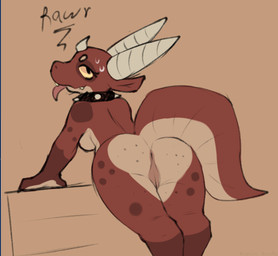 anthro anus breasts butt butt_focus female genitals looking_at_viewer looking_back medium_breasts non-mammal_breasts non-mammal_vulva nude presenting presenting_hindquarters simple_background solo tail thick_thighs vulva wide_hips kreivi_ruche kobold scalie