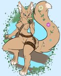 anthro belt belt_buckle big_ears big_feet blue_eyes breast_tuft brown_body buckle container digitigrade dipstick_tail feet female flower fluffy holding_container holding_object inner_ear_fluff legband long_tail markings naturally_censored navel neck_tuft nipple_tuft plant satchel sitting small_waist solo tail tail_markings thick_thighs thighband tuft vial wide_hips alrecsolus domestic_cat felid feline felis maine_coon mammal 4:5 hi_res