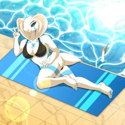 5_fingers 5_toes anthro big_breasts bikini black_bikini black_clothing black_eyebrows black_sclera black_swimwear blue_claws blue_eyes blue_markings breasts claws cleavage clothed clothing collarbone detailed_background eyebrows eyelashes feet female fingers floor front_view gesture hand_gesture hand_on_leg hand_on_thigh high-angle_view iris lens_flare light looking_at_viewer lying markings on_side one_eye_obstructed outside plantigrade poolside pose pupils slit_pupils snake_hood snout solo sparkles sunlight swimming_pool swimwear tail tile tile_floor toe_claws toes two-piece_swimsuit v_sign water white_body white_tail anonymous_artist holley_silver reptile scalie snake 1:1 absurd_res digital_media_(artwork) full-length_portrait hi_res lighting portrait shaded