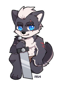 anthro arm_tuft black_eyebrows black_nose blue_eyes cheek_tuft chest_tuft chibi countershading elbow_tuft eyebrows facial_scar facial_tuft front_view fur grey_body grey_ears grey_fur grey_tail hair hand_on_hip holding_melee_weapon holding_object holding_sword holding_weapon kneeling looking_aside male melee_weapon scar shoulder_tuft simple_background solo sword tail tuft weapon white_background white_body white_fur white_hair white_inner_ear asnnonaka canid canine canis mammal wolf full-length_portrait portrait signature