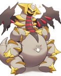 ambiguous_gender belly belly_grab black_sclera disembodied_hand duo featureless_crotch grey_body heart_symbol multi_leg multi_limb question_mark red_eyes simple_background white_background wings on_ice_(artist) nintendo pokemon altered_forme_giratina generation_4_pokemon giratina legendary_pokemon pokemon_(species) hi_res