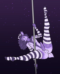 anthro balls clothing dancing erection genitals hair legwear long_hair looking_at_viewer male medial_ring penis pole pole_dancing solo thigh_highs moffeen deer mammal hi_res