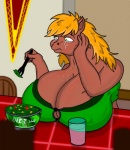 anthro big_breasts blonde_hair bodily_fluids breasts building cleavage clothed clothing detailed_background female green_eyes hair house huge_breasts nipple_outline overweight overweight_anthro overweight_female sad solo tears mirroidal gingie equid equine horse mammal mirroid 2014 digital_media_(artwork)