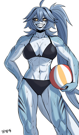 abs athletic athletic_female athletic_humanoid ball beach_ball bikini biped black_bikini black_clothing black_sclera black_swimwear blue_body blue_hair blue_skin bodily_fluids breasts clothed clothed_female clothed_humanoid clothing deltoids eyebrow_through_hair eyebrows female female_humanoid front_view grin grinning_at_viewer hair holding_ball holding_object inflatable looking_at_viewer navel open_mouth open_smile ponytail pupils quads sharp_teeth simple_background smile smiling_at_viewer solo standing sweat swimwear tail teeth text translucent translucent_hair triangle_bikini two-piece_swimsuit wet white_background wide_eyed yellow_eyes gegegekman animal_humanoid aquatic aquatic_humanoid fish fish_humanoid humanoid shark shark_humanoid 2025 absurd_res artist_name digital_media_(artwork) hi_res portrait three-quarter_portrait