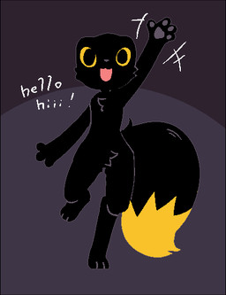 4_fingers anthro black_body black_fur cheek_tuft chest_tuft crotch_tuft dialogue digitigrade dipstick_tail facial_tuft fingers fur gesture greeting_viewer happy joyful markings on_one_leg open_mouth open_smile orange_sclera pawpads smile smiling_at_viewer solo standing tail tail_markings tuft waving waving_at_viewer nekuzx casualties:_unknown expie_(gunsawian) gunsawian