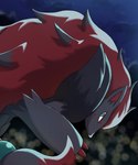 ambiguous_gender anthro biped blurred_background claws finger_claws fur green_eyes grey_body grey_fur looking_at_viewer looking_back red_body red_fur sky smile solo rumine nintendo pokemon generation_5_pokemon pokemon_(species) zoroark 5:6 hi_res shaded