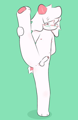anthro blush eyewear fur glasses horn looking_at_viewer male male/male nipples nude on_one_leg pink_eyes pink_nipples solo standing tail white_body white_fur deltarune undertale_(series) ralsei bovid caprine goat mammal hi_res