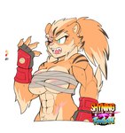 abs anthro areola big_breasts breasts chest_wraps fangs female fur green_eyes muscular muscular_anthro muscular_arms muscular_female open_mouth orange_body orange_fur pupils simple_background slit_pupils solo stripes teeth under_boob wraps shyning_fingah taiga_(shyning_fingah) felid mammal pantherine tiger half-length_portrait portrait