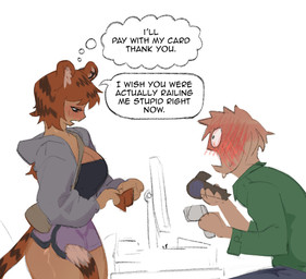 animal_ears blush bottomwear cashier clothed clothing dialogue duo employee female female_humanoid freudian_slip fully_clothed hair male male/female male_human orange_hair orange_tail shorts speech_bubble tail text asswolph animal_humanoid felid felid_humanoid human humanoid mammal mammal_humanoid pantherine pantherine_humanoid tiger_humanoid english_text hi_res