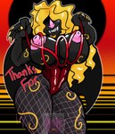 anthro black_body blonde_hair celebration clothing female fishnet_clothing follower_number hair markings solo torn_clothing torn_fishnet_clothing abeybubble devi_(abeybubble) bat mammal absurd_res hi_res watermark