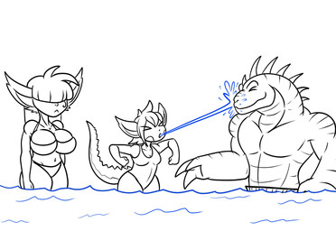 anthro breasts clothing female group male playing swimwear trio water tibbs mythology baku_(tibbs) betty_(tibbs) star_(tibbs) bat dragon mammal mythological_creature mythological_scalie reptile scalie comic hi_res