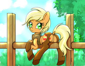 anus blonde_hair butt chaps clothing cutie_mark dock_(anatomy) female fence feral freckles genitals green_eyes hair looking_at_viewer looking_back on_fence plant smile solo straddling tail topwear tree vest vulva canofstars friendship_is_magic hasbro my_little_pony applejack_(mlp) equid mammal 2018