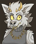 6_horns anthro arm_markings black_background black_eyebrows bridge_piercing chain_necklace cheek_tuft closed_smile clothed clothed_anthro clothing ear_tuft eyebrows eyelashes facial_piercing facial_tuft female fur grey_clothing grey_hair grey_inner_ear grey_lips grey_markings grey_sweater grey_topwear hair horn jewelry light lip_piercing lip_ring lips looking_at_viewer markings medium_hair mouth_closed multi_horn necklace nose_piercing piercing ring_piercing simple_background smile smiling_at_viewer solo sweater topwear tuft white_body white_fur yellow_eyes yellow_horn beastofeuthanasia akrasia canid canine canine_demon demon mammal 2022 dated digital_drawing_(artwork) digital_media_(artwork) english_description hi_res lighting shaded