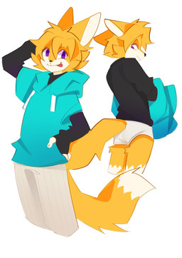 anthro clothing fur fur_markings hair hand_behind_head hoodie male markings multicolored_body multicolored_fur purple_eyes rear_view simple_background solo tail tongue tongue_out topwear white_background kunfen lemon_(kunfen) canid canine fox mammal hi_res