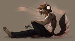 anthro biped brown_hair clothed clothing electronics fur hair half-closed_eyes headphones male narrowed_eyes simple_background sitting smile solo tail topless vexstacy canid canine mammal 2015