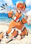 ambiguous_gender anthro beach female hair looking_at_viewer necktie open_mouth seaside smile solo text water sumo_samo clownfish fish marine pomacentrid absurd_res digital_media_(artwork) hi_res japanese_text