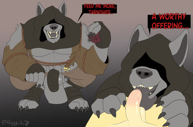 anthro balls black_penis black_speech_bubble claws dialogue digitigrade duo faceless_character flaccid foreskin genitals grey_balls grey_body hands_on_legs hands_on_thighs hidden_eyes humanoid_genitalia humanoid_penis licking male male/male oral penile penis penis_lick pubes red_text sex teeth text tongue tongue_out tuft yellow_body spurr elden_ring fromsoftware gurranq_(elden_ring) canid canine mammal absurd_res english_text hi_res