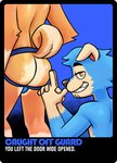 anthro blue_background blue_body blue_fur butt card card_template clothing curled_tail description duo fangs floppy_ears fur glistening glistening_butt half_body halftone hand_on_hip jockstrap looking_at_viewer male male/male prank screentone side_view simple_background smug smug_face tail teeth text title underwear white_body white_fur yellow_body yellow_eyes yellow_fur lebibien canid canine canis domestic_dog humanoid mammal absurd_res english_text hi_res