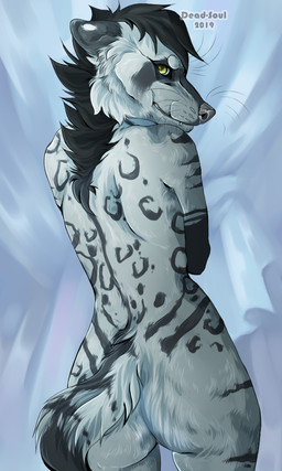 ambiguous_gender anthro black_hair butt fangs fur green_eyes grey_body grey_fur hair looking_at_viewer rear_view short_hair solo standing teeth whiskers msdeadsoul java_(ivy_trellis) african_civet civet mammal viverrid 2019 3:5 dated portrait three-quarter_portrait female_(lore)
