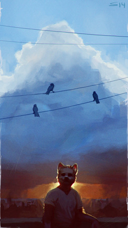 clothed clothing cloud detailed_background fur group male outside shirt sky solo_focus sunset topwear civetstranj avian bird canid canine mammal signature