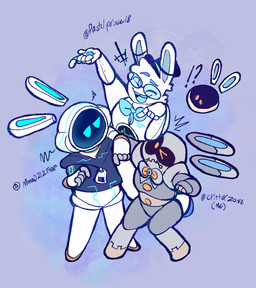 5_fingers alternate_universe annoyed anthro bent_leg black_sclera blue_background blue_bow_tie blue_clothing blue_eyebrows blue_eyes blue_eyewear blue_glasses blue_hoodie blue_inner_ear blue_pawpads blue_teeth blue_topwear bow_tie clothed clothed_anthro clothed_male clothing confusion exclamation_point eyebrows eyewear featureless_feet feet fingers floating_ears floating_hands glasses grey_body grey_bow_tie grey_fingers group hair happy hoodie larger_anthro larger_male leaning_on_another long_ears looking_at_another machine male male_anthro metallic_body mouthless noseless one_eye_closed open_mouth open_smile orange_eyes pawpads question_mark screen screen_face simple_background size_difference smaller_male smile standing straight_legs teeth text tooth_gap topwear white_body white_hair critterzone13 mario_bros mario_plus_rabbids_kingdom_battle nintendo raving_rabbids rayman_(series) ubisoft beep-0 hybrid lagomorph mammal rabbid robot robot_anthro 2023 artist_name crossover digital_drawing_(artwork) digital_media_(artwork) english_description flat_colors hi_res