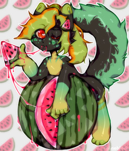 accessory anthro female food food_in_mouth fruit glistening glistening_body green_body hair_accessory hairpin juice_(beverage) melon plant solo watermelon watermelon_slice felineblack_(artist) hi_res