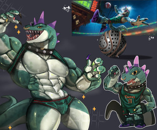 abs anthro ball basketball_uniform biceps bodily_fluids bottomwear chibi clothed clothed_anthro clothed_male clothing collar facial_piercing footwear fully_clothed fully_clothed_anthro fully_clothed_male green_body green_bottomwear green_clothing green_scales green_shirt green_shorts green_topwear head_spikes legband looking_at_viewer male male_anthro mouth_piercing multicolored_claws multiple_poses muscular muscular_anthro muscular_male neck_piercing nose_piercing pecs piercing pose purple_spikes roarball_(ball) saliva scales shirt shirt_behind_head shoes shorts solo spikes spikes_(anatomy) sportswear studded_collar studs tail thick_thighs tongue tongue_out tongue_piercing topless topless_anthro topless_male topwear underwear uniform yellow_sclera lord_soba goat_(movie) sony_corporation sony_pictures modo_olachenko komodo_dragon lizard monitor_lizard reptile scalie 2026 digital_media_(artwork) hi_res