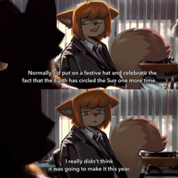 ambiguous_gender anthro brown_hair clothed clothing coat dialogue hair open_mouth tail text topwear trenchcoat two_panel_image dizzymilky house.m.d. nat_(lnebrias) canid canine fox mammal 1:1 absurd_res comic draw_over english_text hi_res