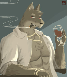abs alcohol anthro barazoku beverage bracelet cigarette clothing collared_shirt container cross cross_necklace cup dress_shirt drinking_glass eyebrows fur glass glass_container glass_cup grey_body grey_fur head_tuft holding_beverage holding_object jewelry looking_aside male markings necklace orange_eyes pecs pointy_ears ring shirt simple_background sitting smoke smoking smoking_cigarette solo spots spotted_markings thick_eyebrows topwear tuft whisker_spots wine wine_glass w0lfi unnamed_character digital_media_(artwork) digital_painting_(artwork) half-length_portrait painting_(artwork) portrait