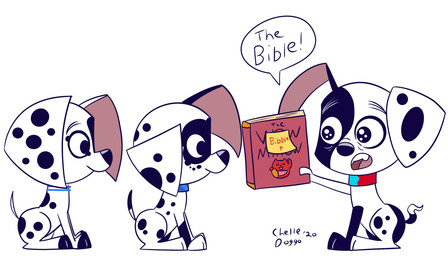 bible_(object) black_spots book female feral fur holding_bible holding_book holding_object male spots text white_body white_fur chelledoggo 101_dalmatian_street 101_dalmatians disney dee_dee_(101_dalmatians) deepak_(101_dalmatians) dizzy_(101_dalmatians) canid canine canis dalmatian domestic_dog mammal english_text