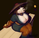 anthro big_breasts biped black_nose breasts brown_body brown_fur clothing countershade_torso countershading curvy_figure dress eye_patch eyewear female fur hit huge_breasts smoking solo thick_thighs voluptuous white_body white_fur greasymojo blizzard_entertainment warcraft bear mammal pandaren red_pandaren 2021 hi_res