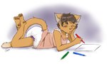 ageplay anthro big_diaper blush brown_hair clean_diaper clothed clothing crayon diaper femboy fur hair lying male on_front one_eye_closed open_mouth orange_body orange_fur paper pawpads paws purple_background roleplay simple_background solo tired wearing_diaper white_background babystar domestic_cat felid feline felis mammal