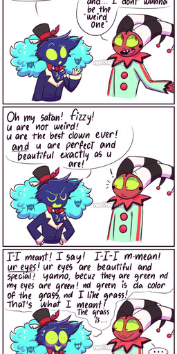 5_panel_comic aged_down anthro blue_clothing blue_shirt blue_topwear blush bodily_fluids chest_tuft clothed clothing clown_costume constricted_pupils dialogue duo embarrassed exclamation_point eyes_closed feather_hair feathers green_eyes green_onesie green_sclera hands_on_hips hat headgear headwear horn hug male male/male onesie pseudo_hair pupils red_body red_eyes red_skin shirt simple_background small_pupils smile striped_horn stripes sweat text top_hat topwear tuft white_background young norithelord hellaverse helluva_boss asmodeus_(helluva_boss) fizzarolli_(helluva_boss) avian avian_demon demon humanoid imp 2022 absurd_res artist_name comic english_text hi_res long_image tall_image watermark