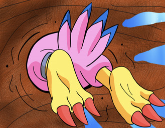 3_toes ambiguous_gender anthro avian_feet blue_tail_tip claws dipstick_tail feathers feet foot_fetish markings pink_body pink_feathers plant ring soles solo stuck tail tail_feathers tail_markings toe_claws toes tree yingcartoonman bandai_namco digimon avian bird biyomon digimon_(species)