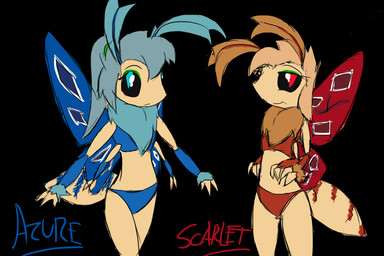 arthropod_abdomen black_sclera blue_eyes duo female red_eyes proteus arthropod insect lepidopteran moth 3:2 sibling_(lore) sister_(lore) sisters_(lore)