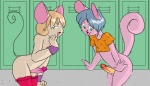 anthro balls clothed clothing crossdressing duo erection femboy genitals hair legwear locker locker_room male male/male penis short_hair stockings tail wide_hips catfiddle cutesauce oran toby_(cutesauce) chinchilla chinchillid mammal mouse murid murine rodent