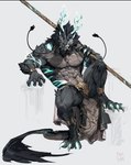 anthro bottomwear claws clothing fangs horn loincloth looking_at_viewer male muscular muscular_anthro muscular_male pecs solo tail teeth pacelic mythology dragon mythological_creature mythological_scalie scalie hi_res