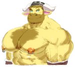 anthro armor barazoku blue_eyes brown_body brown_fur fur headgear helmet horn male manly muscular muscular_anthro muscular_male nipples simple_background solo white_background tora_gy animal_crossing nintendo vic_(animal_crossing) bovid bovine cattle mammal 2020