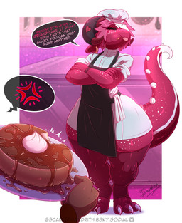 ambiguous_gender anthro apron chef_hat clothing curved_horn dialogue disembodied_hand duo female freckled_face freckles hat headgear headwear horn huge_hips muscular muscular_anthro muscular_female red_body red_scales scales speech_bubble thick_thighs tongue tongue_out wide_hips thescarletdragon1 kobold scalie absurd_res hi_res