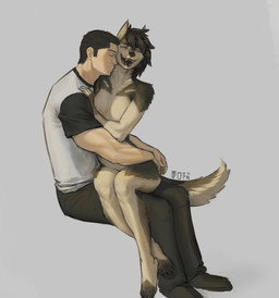 anthro bottomwear breasts brown_body brown_fur clothing duo fangs featureless_breasts female female_anthro female_on_human fur happy hug human_on_anthro interspecies intimate kissing_neck male male/female male_human male_on_anthro nude nude_female on_lap open_mouth pants romantic romantic_couple sharp_teeth shirt sitting_on_lap smile t-shirt tail teeth topwear the_emery canid canine canis human mammal wolf absurd_res hi_res