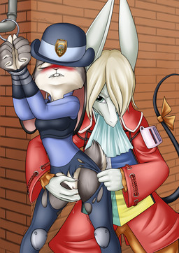 accessory anthro bite biting_lip biting_own_lip blonde_hair blue_eyes blush bodily_fluids bow_(feature) bow_accessory bow_ribbon breasts brown_body brown_fur buckteeth claws clitoris clothed clothing coat cuff_(restraint) dipstick_ears dripping duo ear_markings ears_down eyes_closed female female/female fingering fur furgonomics genital_fluids genitals grey_body grey_fur hair handcuffs hat headgear headwear metal_cuffs multicolored_ears pipe pivoted_ears police police_uniform restrained restraints ribbons self_bite shackles size_difference small_breasts tail tail_accessory tail_bow tail_ribbon teeth topwear torn_clothing uniform vaginal vaginal_fingering vaginal_fluid_string vaginal_fluids vulva mancoin disney final_fantasy final_fantasy_ix square_enix zootopia freya_crescent judy_hopps burmecian lagomorph leporid mammal rabbit rodent 2017 absurd_res crossover hi_res