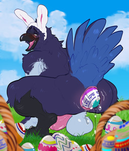 anthro anus backsack balls easter_egg egg feathers genitals holidays male oviposition penis solo tail tail_feathers likanen easter oren_(iceburrb) avian bird corvid oscine passerine absurd_res hi_res