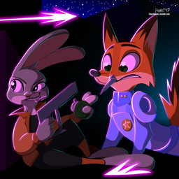 abstract_background alternate_universe anthro barefoot clothed clothing dipstick_ears dipstick_tail duo ear_markings explosives feet female fully_clothed fur green_eyes grenade grey_body grey_fur grin gun handgun holding_gun holding_object holding_ranged_weapon holding_weapon jacket lens_flare looking_back male markings mouth_hold multicolored_body multicolored_ears multicolored_fur multicolored_tail open_clothing open_jacket open_topwear pistol police police_uniform purple_eyes ranged_weapon sitting smile surprised tail tail_markings text topwear uniform weapon fanartiguess disney zootopia judy_hopps nick_wilde canid canine fox lagomorph leporid mammal rabbit red_fox true_fox 1:1 2017 absurd_res hi_res signature url